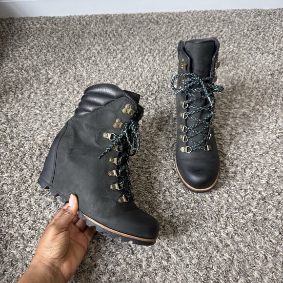 SOREL CONQUEST WATERPROOF LEATHER WEDGE ANKLE BOOTS BLACK SIZE 9.5 Lace Up - Picture 1 of 9